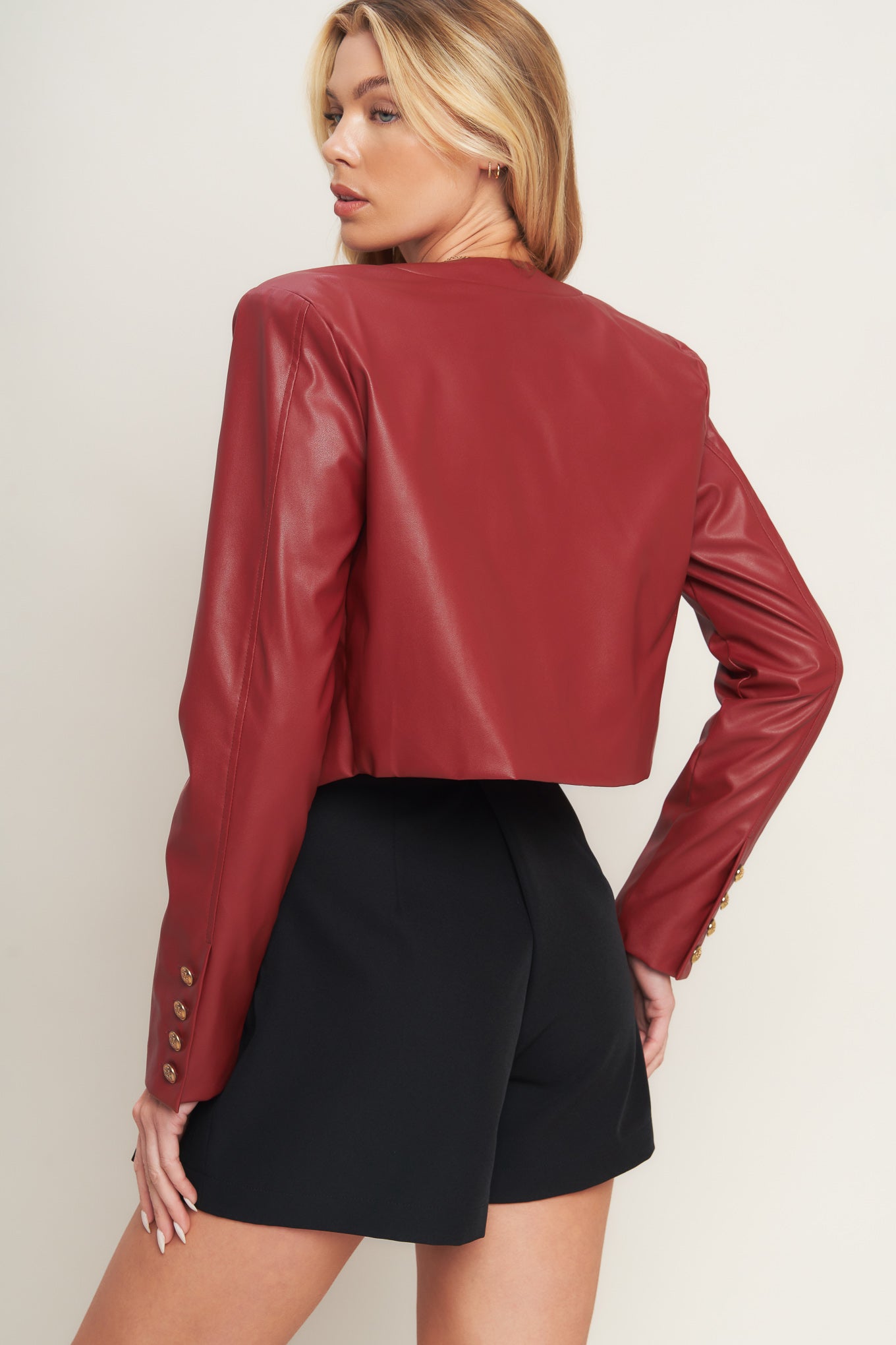 Red Button Up Faux Leather Jacket with Button Details | Trendy Jackets Outfit Idea for Women by Ro + Ivy | Elevated Basics, Modern Comfort & Style