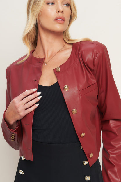 Red Button Up Faux Leather Jacket with Button Details | Trendy Jackets Outfit Idea for Women by Ro + Ivy | Elevated Basics, Modern Comfort & Style