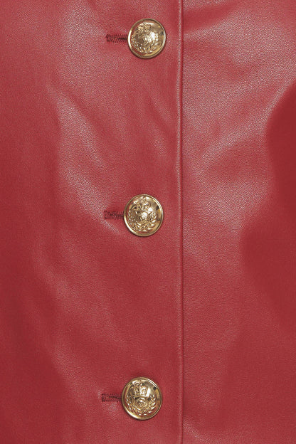 Red Button Up Faux Leather Jacket with Button Details | Trendy Jackets Outfit Idea for Women by Ro + Ivy | Elevated Basics, Modern Comfort & Style