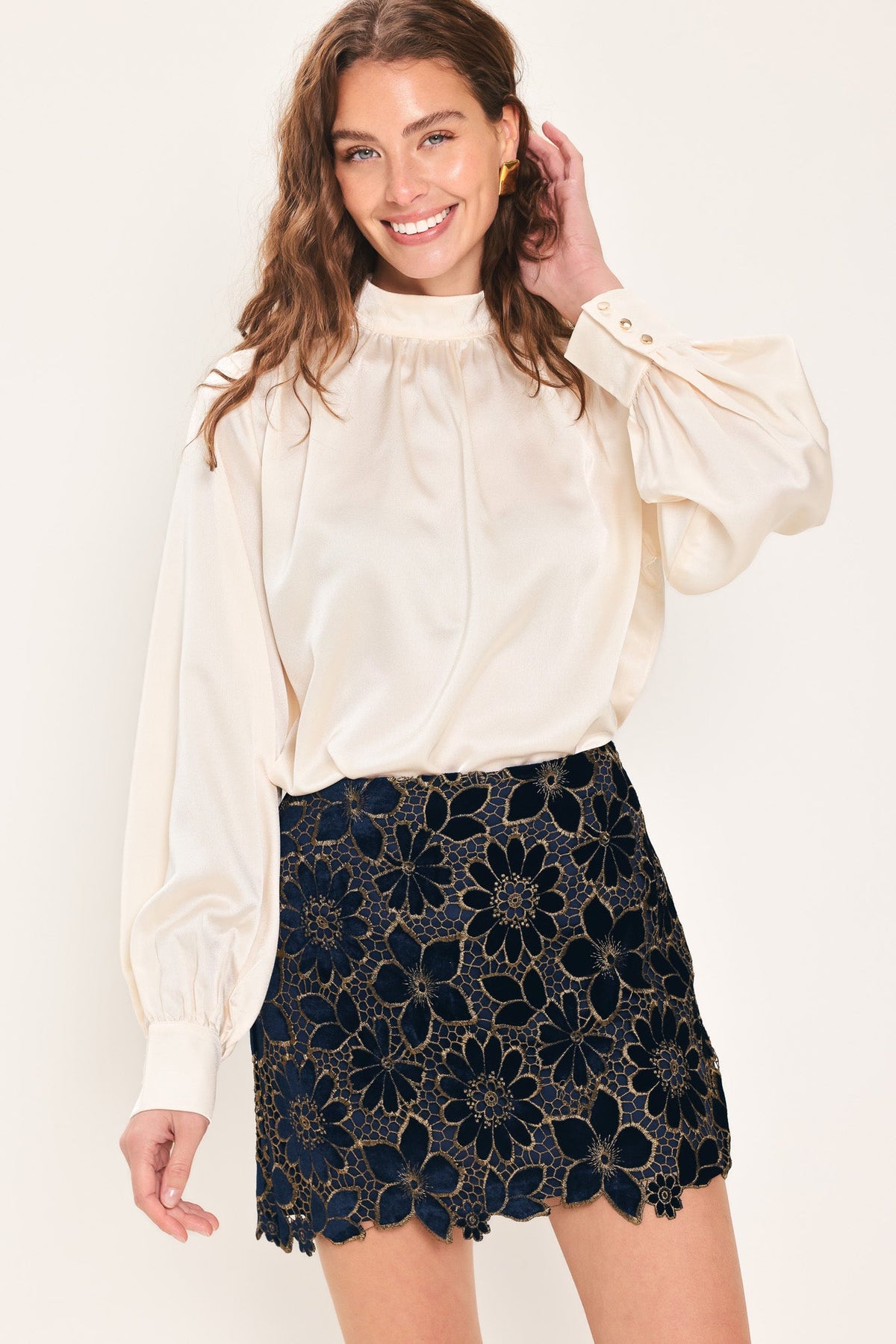 Navy Velvet High-Waisted Mini Skirt with Gold Floral Lace Overlay