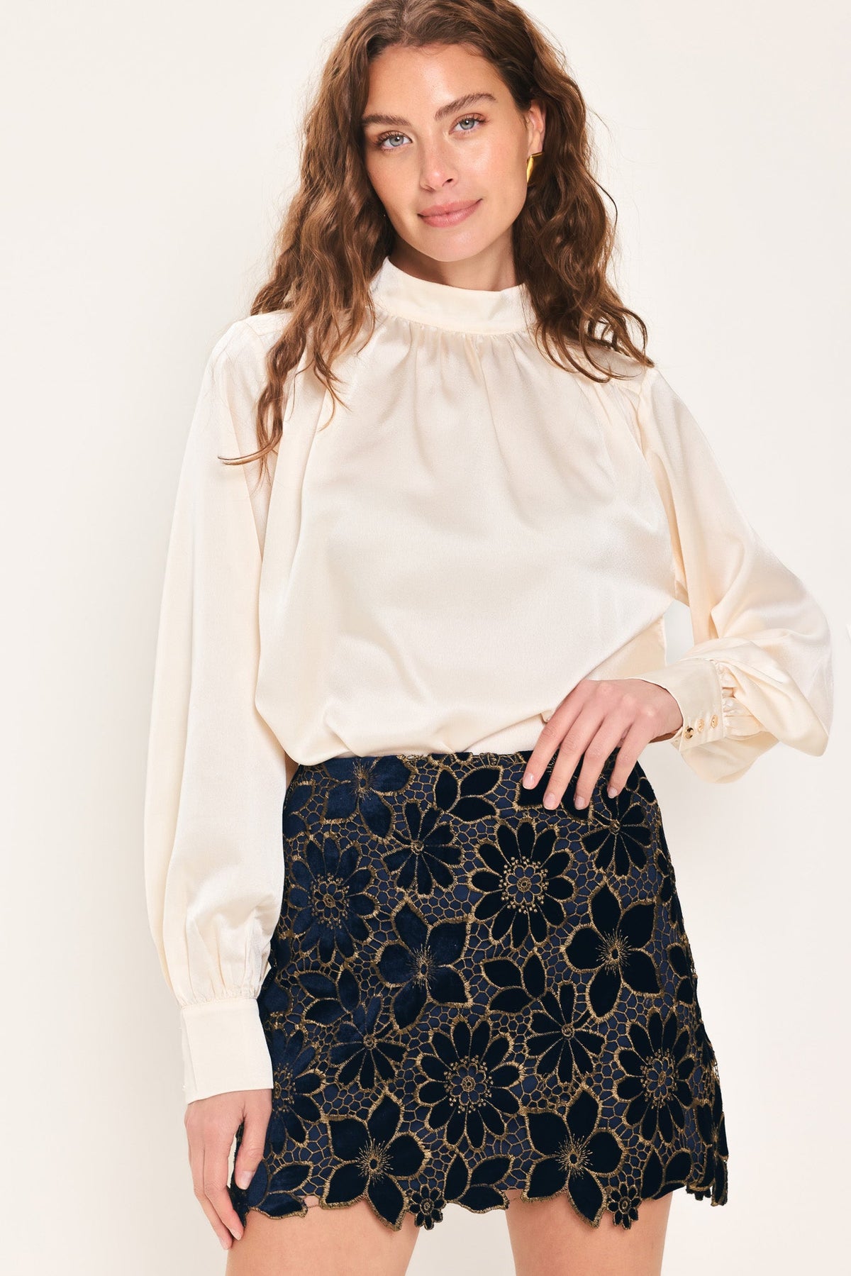 Navy Velvet High-Waisted Mini Skirt with Gold Floral Lace Overlay