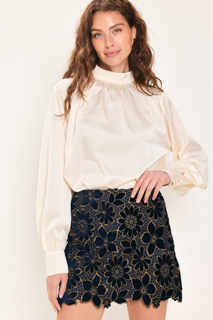 Navy Velvet High-Waisted Mini Skirt with Gold Floral Lace Overlay