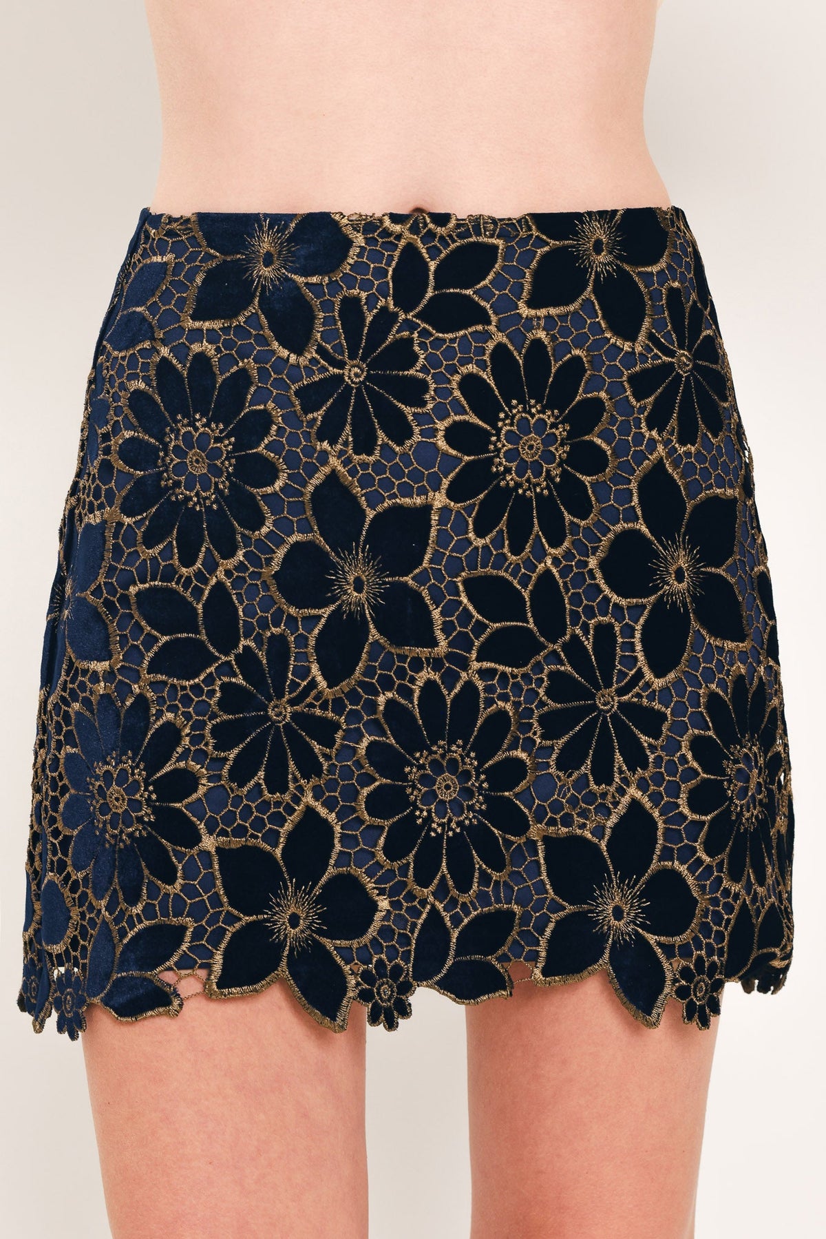 Navy Velvet High-Waisted Mini Skirt with Gold Floral Lace Overlay NAVY