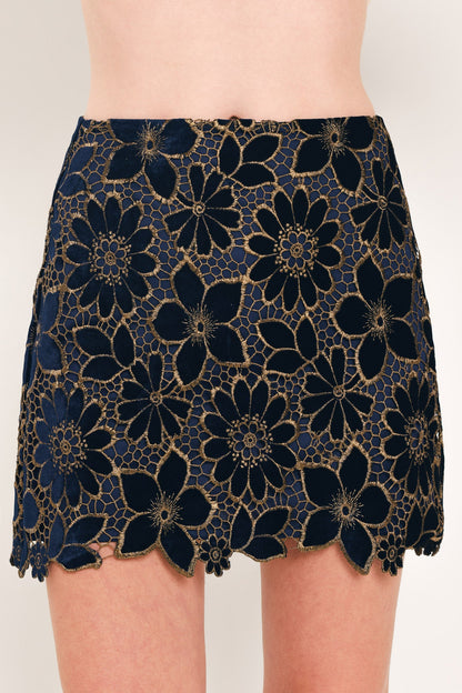 Navy Velvet High-Waisted Mini Skirt with Gold Floral Lace Overlay NAVY
