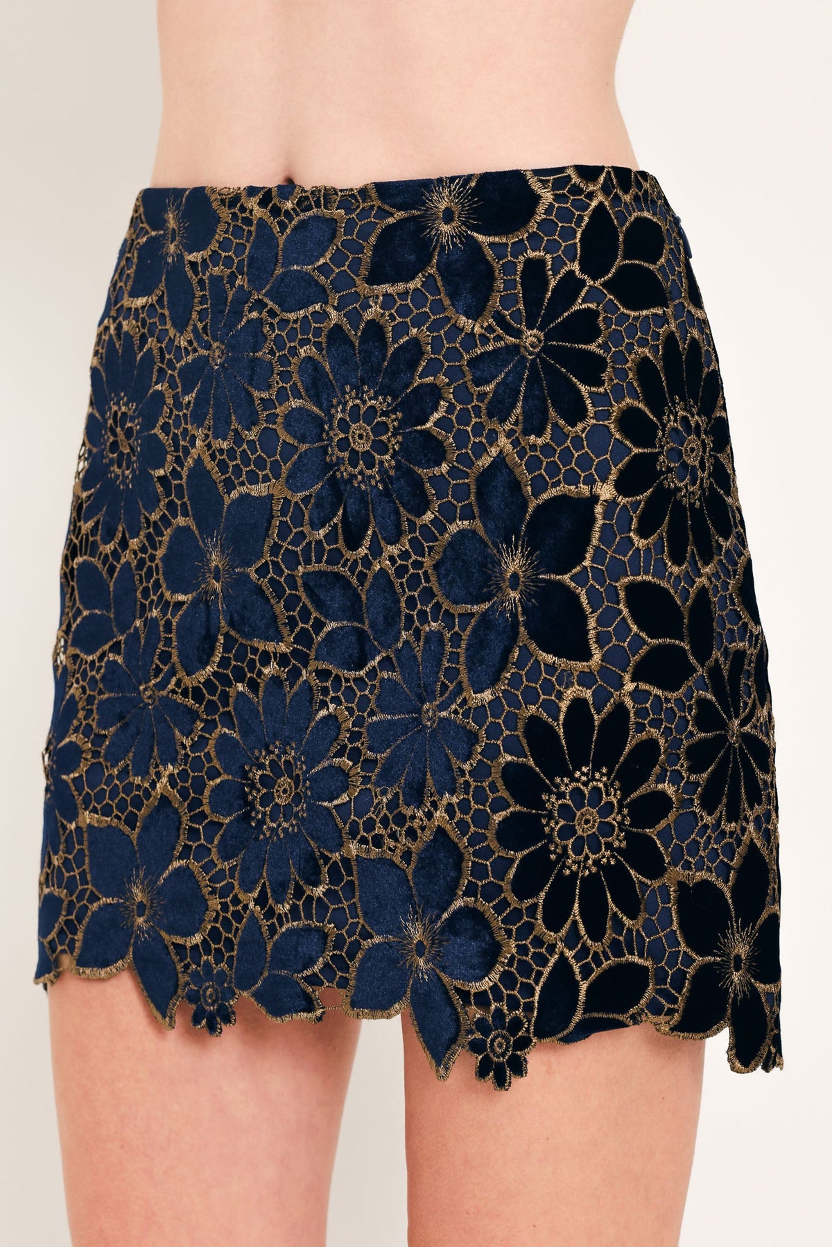 Navy Velvet High-Waisted Mini Skirt with Gold Floral Lace Overlay