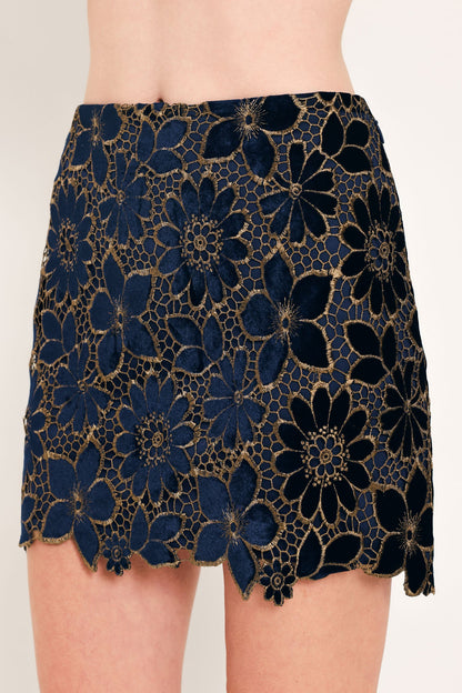 Navy Velvet High-Waisted Mini Skirt with Gold Floral Lace Overlay