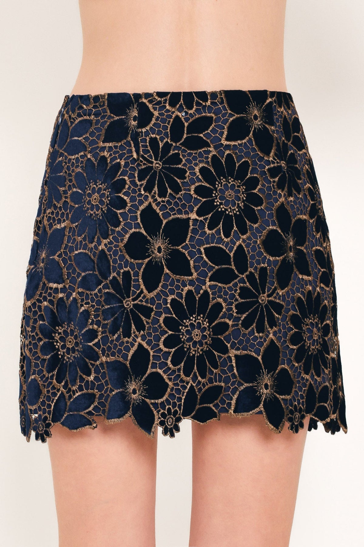 Navy Velvet High-Waisted Mini Skirt with Gold Floral Lace Overlay