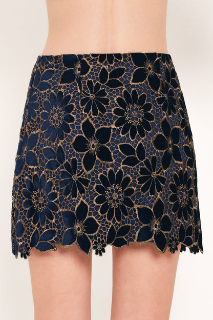 Navy Velvet High-Waisted Mini Skirt with Gold Floral Lace Overlay