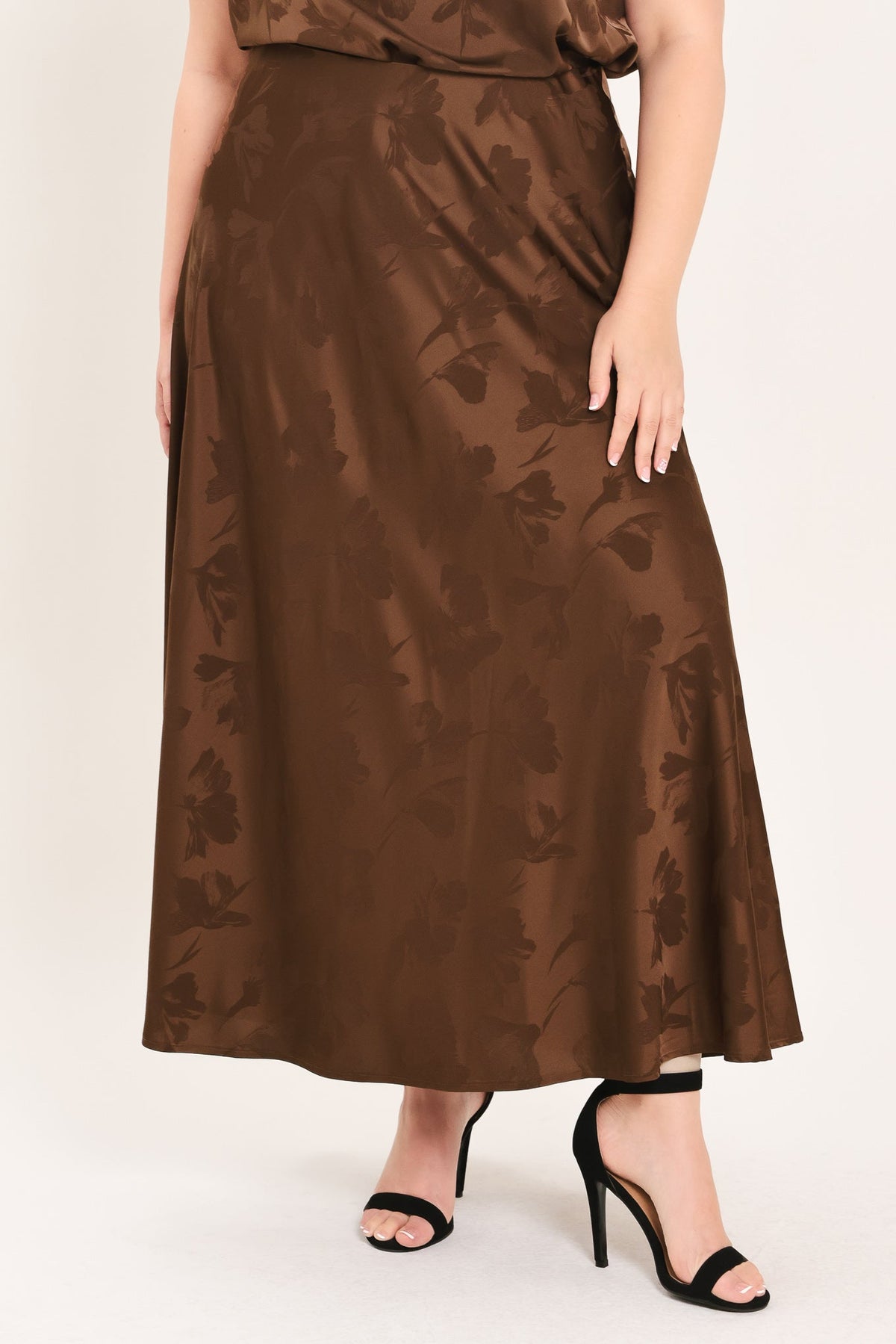 Chocolate Floral Jacquard Woven Midi Skirt with Textured Finish BROWN