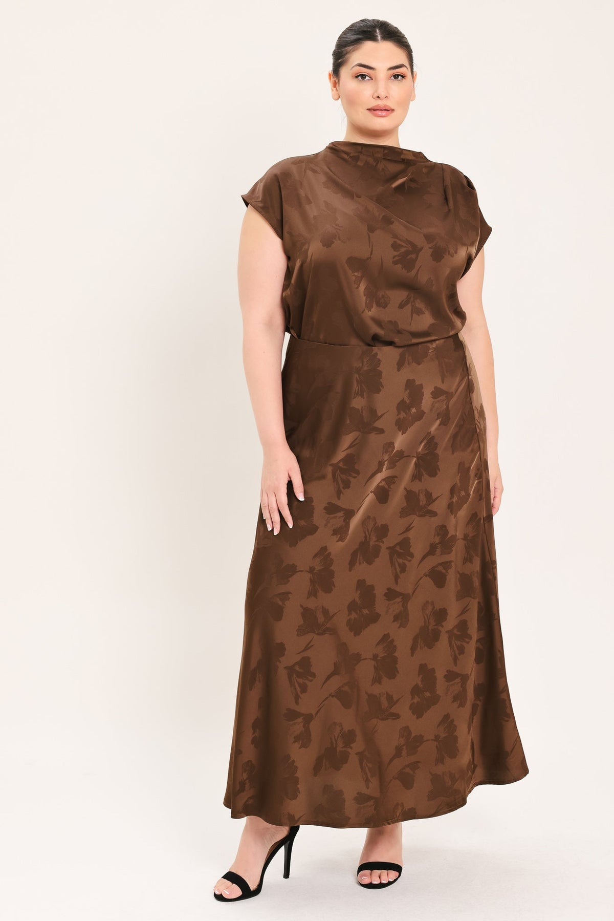 Chocolate Floral Jacquard Woven Midi Skirt with Textured Finish