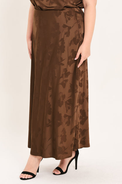 Chocolate Floral Jacquard Woven Midi Skirt with Textured Finish