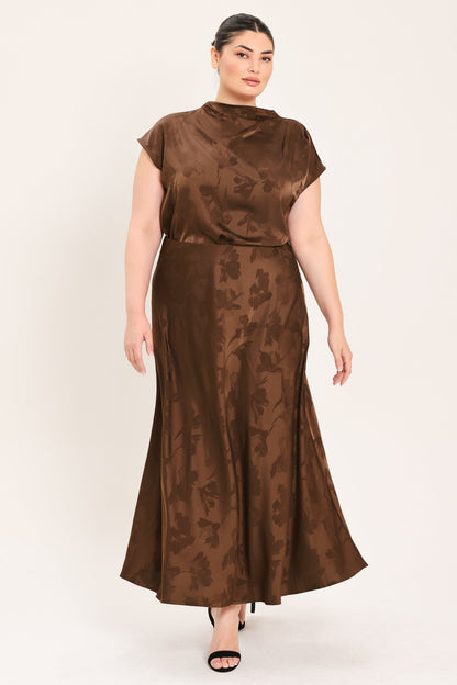 Chocolate Floral Jacquard Woven Midi Skirt with Textured Finish