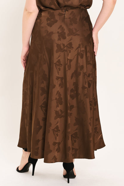 Chocolate Floral Jacquard Woven Midi Skirt with Textured Finish