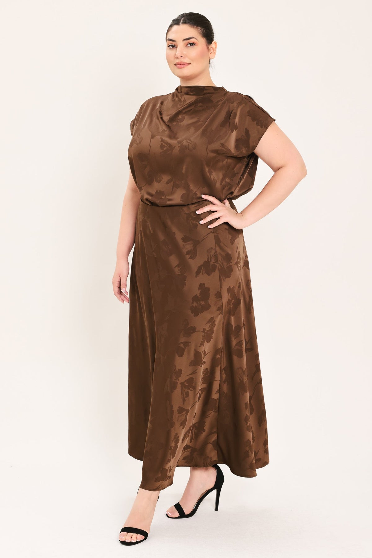 Chocolate Floral Jacquard Woven Midi Skirt with Textured Finish