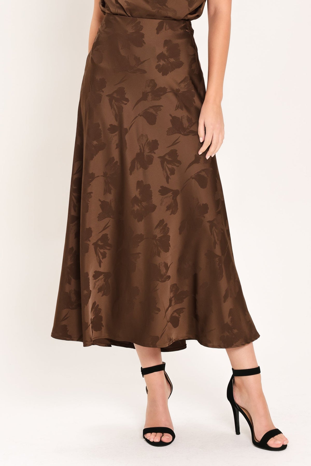 Chocolate Floral Jacquard Woven Midi Skirt with Textured Finish