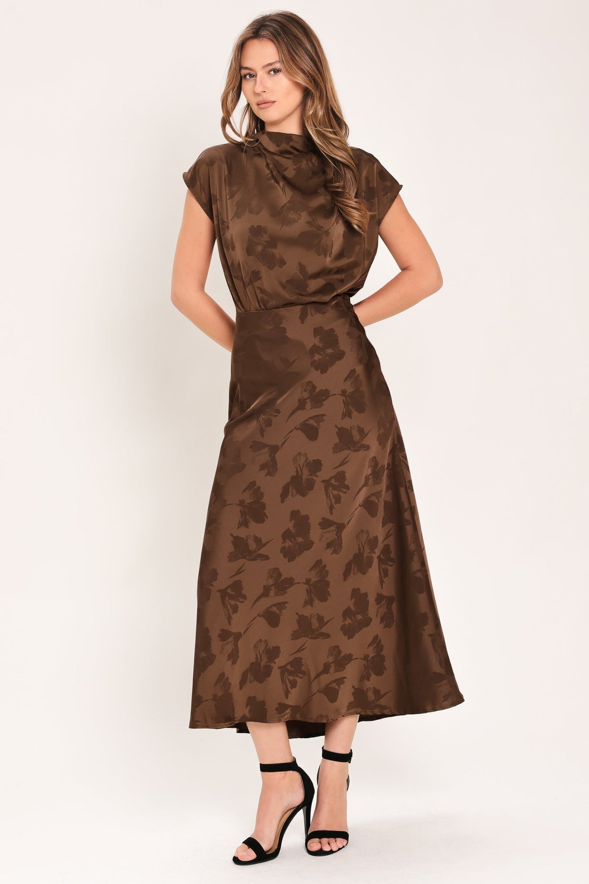 Chocolate Floral Jacquard Woven Midi Skirt with Textured Finish