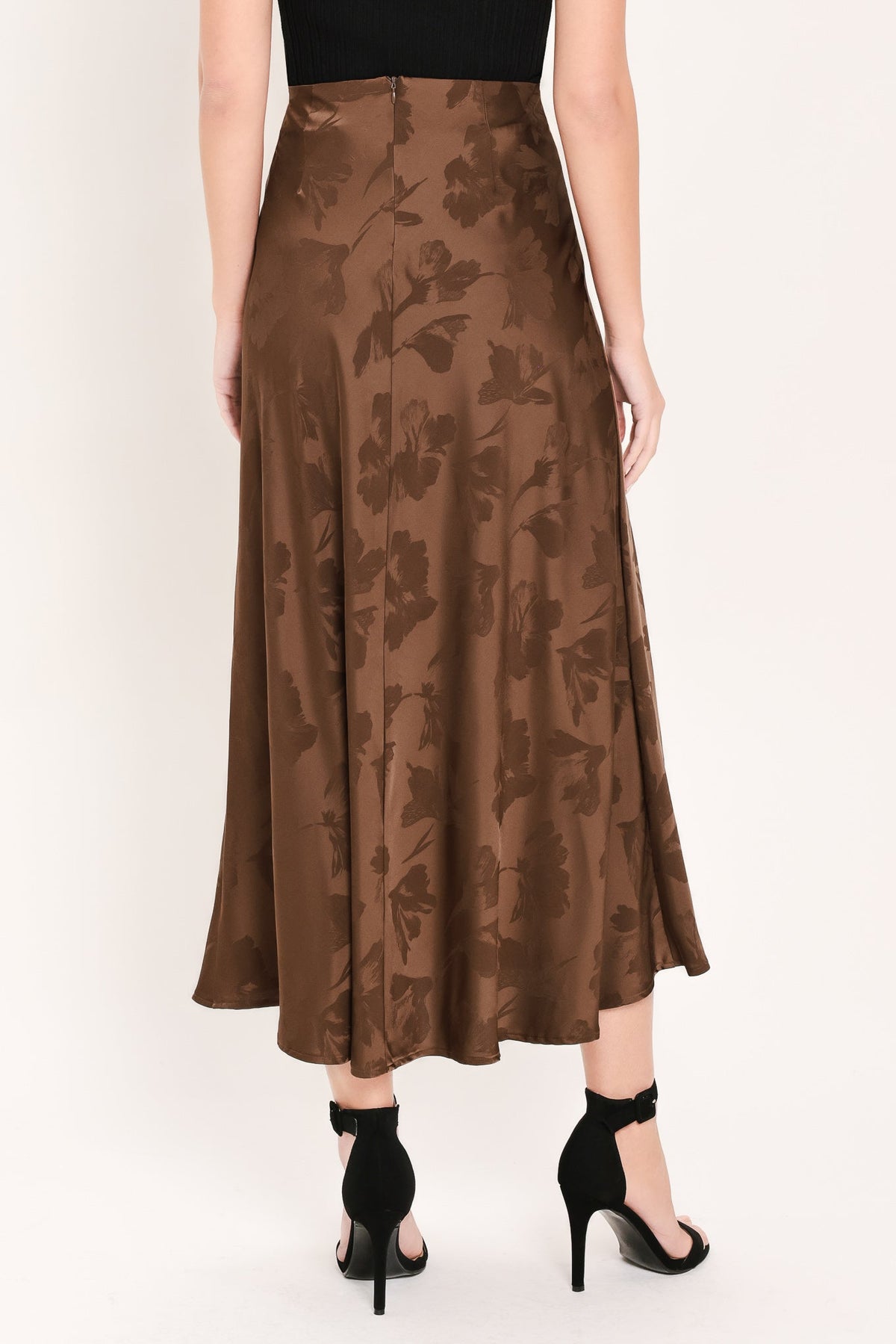 Chocolate Floral Jacquard Woven Midi Skirt with Textured Finish