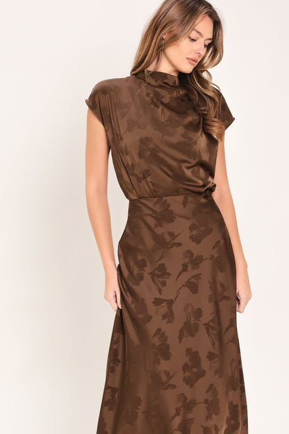 Chocolate Floral Jacquard Woven Midi Skirt with Textured Finish