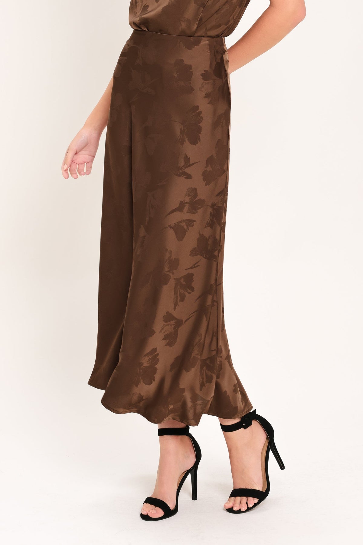 Chocolate Floral Jacquard Woven Midi Skirt with Textured Finish