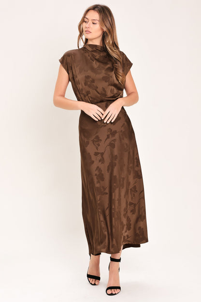 Chocolate Floral Jacquard Woven Midi Skirt with Textured Finish