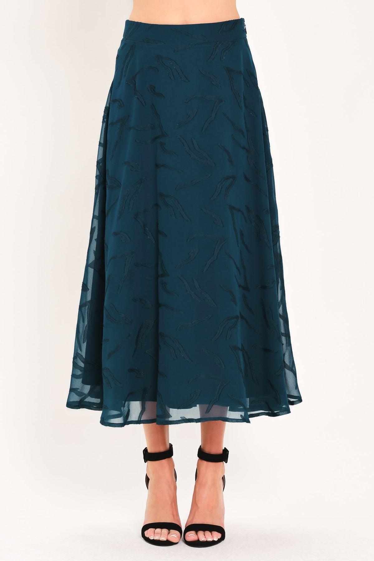 Dark Teal Jacquard Circle Midi Skirt with Tonal Leaf Pattern