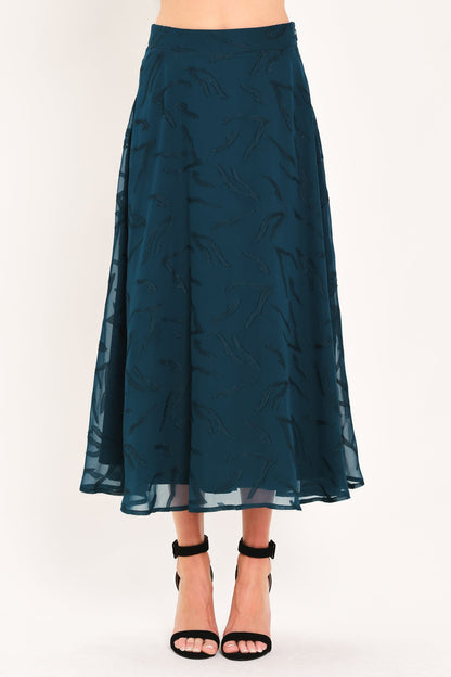 Dark Teal Jacquard Circle Midi Skirt with Tonal Leaf Pattern