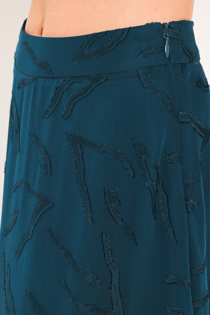 Dark Teal Jacquard Circle Midi Skirt with Tonal Leaf Pattern