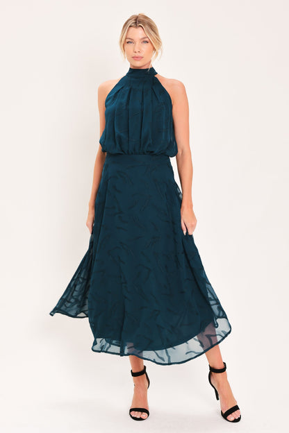 Dark Teal Jacquard Circle Midi Skirt with Tonal Leaf Pattern