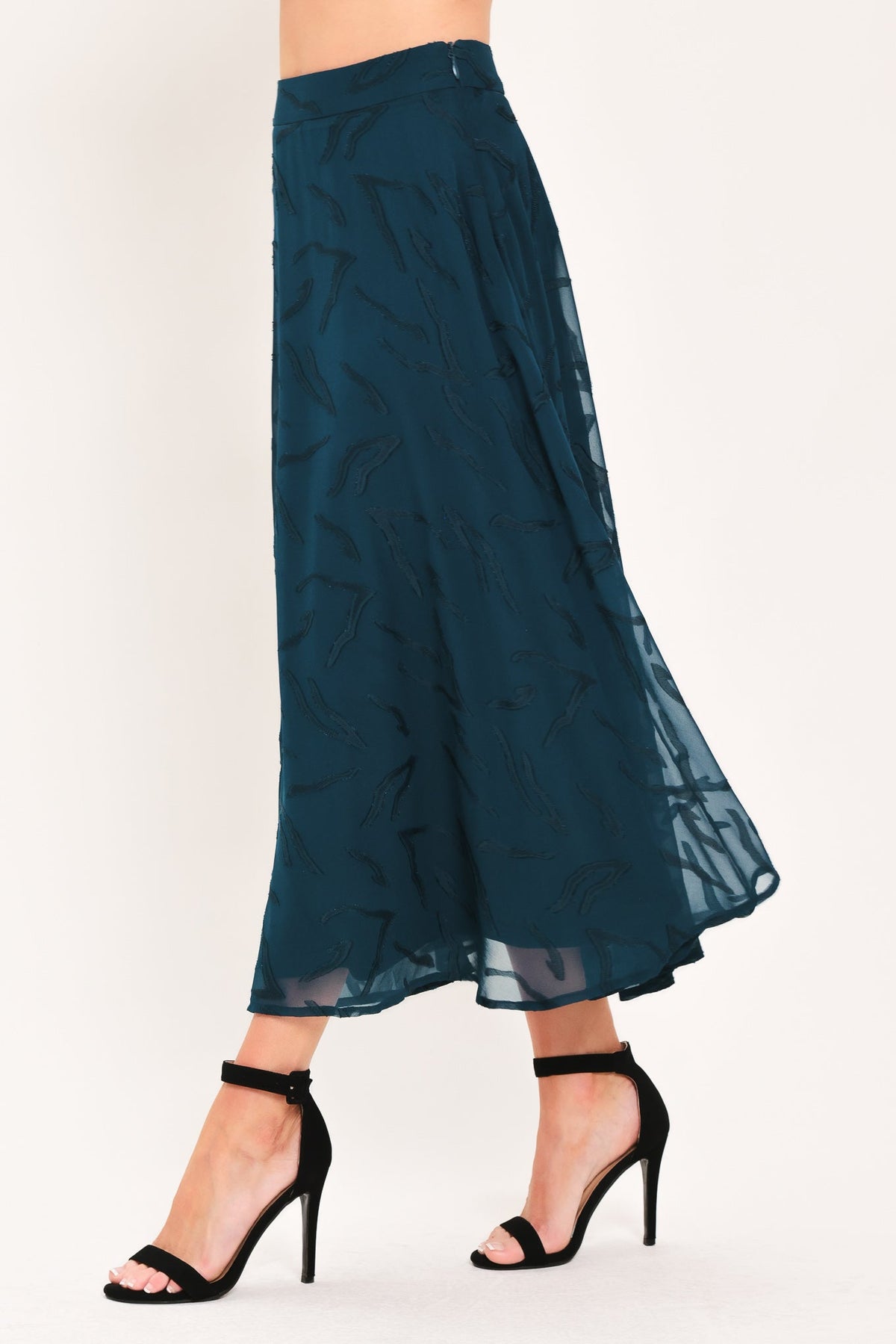 Dark Teal Jacquard Circle Midi Skirt with Tonal Leaf Pattern