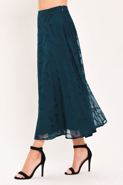 Dark Teal Jacquard Circle Midi Skirt with Tonal Leaf Pattern