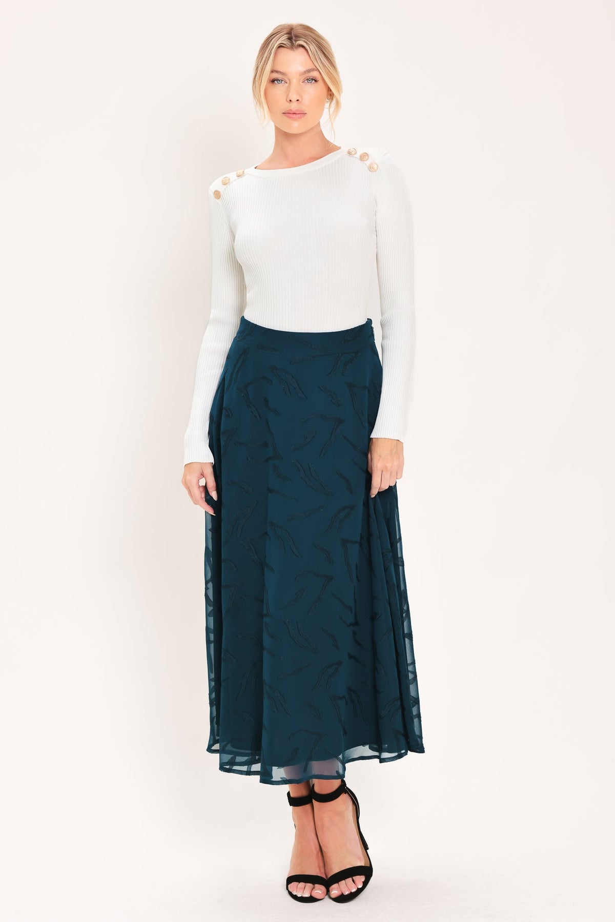 Dark Teal Jacquard Circle Midi Skirt with Tonal Leaf Pattern