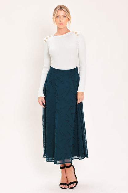 Dark Teal Jacquard Circle Midi Skirt with Tonal Leaf Pattern