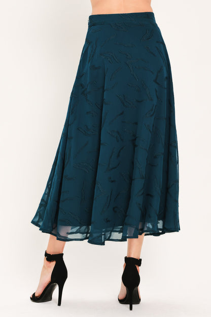 Dark Teal Jacquard Circle Midi Skirt with Tonal Leaf Pattern TEAL