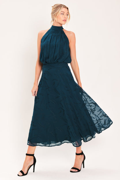 Dark Teal Jacquard Circle Midi Skirt with Tonal Leaf Pattern