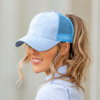 Camo Messy Bun Baseball Cap — High Ponytail Opening Snapback Mesh Back - Baseball Caps