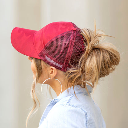 Camo Messy Bun Baseball Cap — High Ponytail Opening Snapback Mesh Back - Baseball Caps