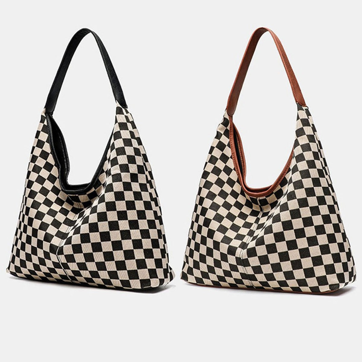 Checkered Canvas Mixed Media Rivet Detail Hobo Shoulder Bag — Everyday Functional Style -