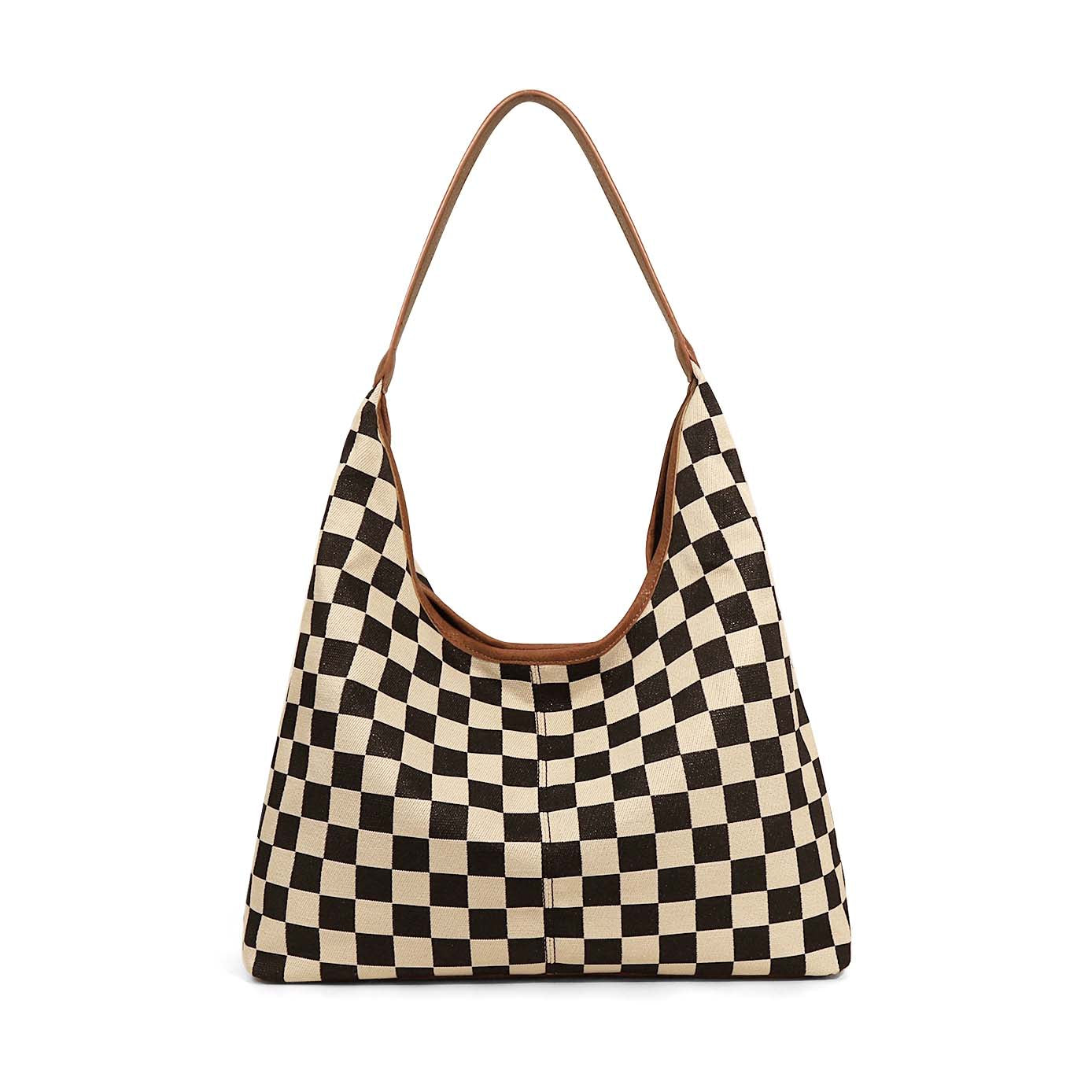 Checkered Canvas Mixed Media Rivet Detail Hobo Shoulder Bag — Everyday Functional Style - Cognac Check