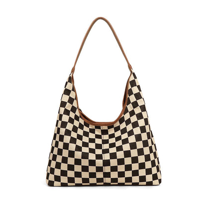 Checkered Canvas Mixed Media Rivet Detail Hobo Shoulder Bag — Everyday Functional Style - Cognac Check
