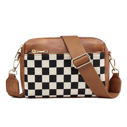 Mixed Media Polyester Canvas Check Camera Crossbody Bag — Modern Everyday Carry Style - Cognac Check