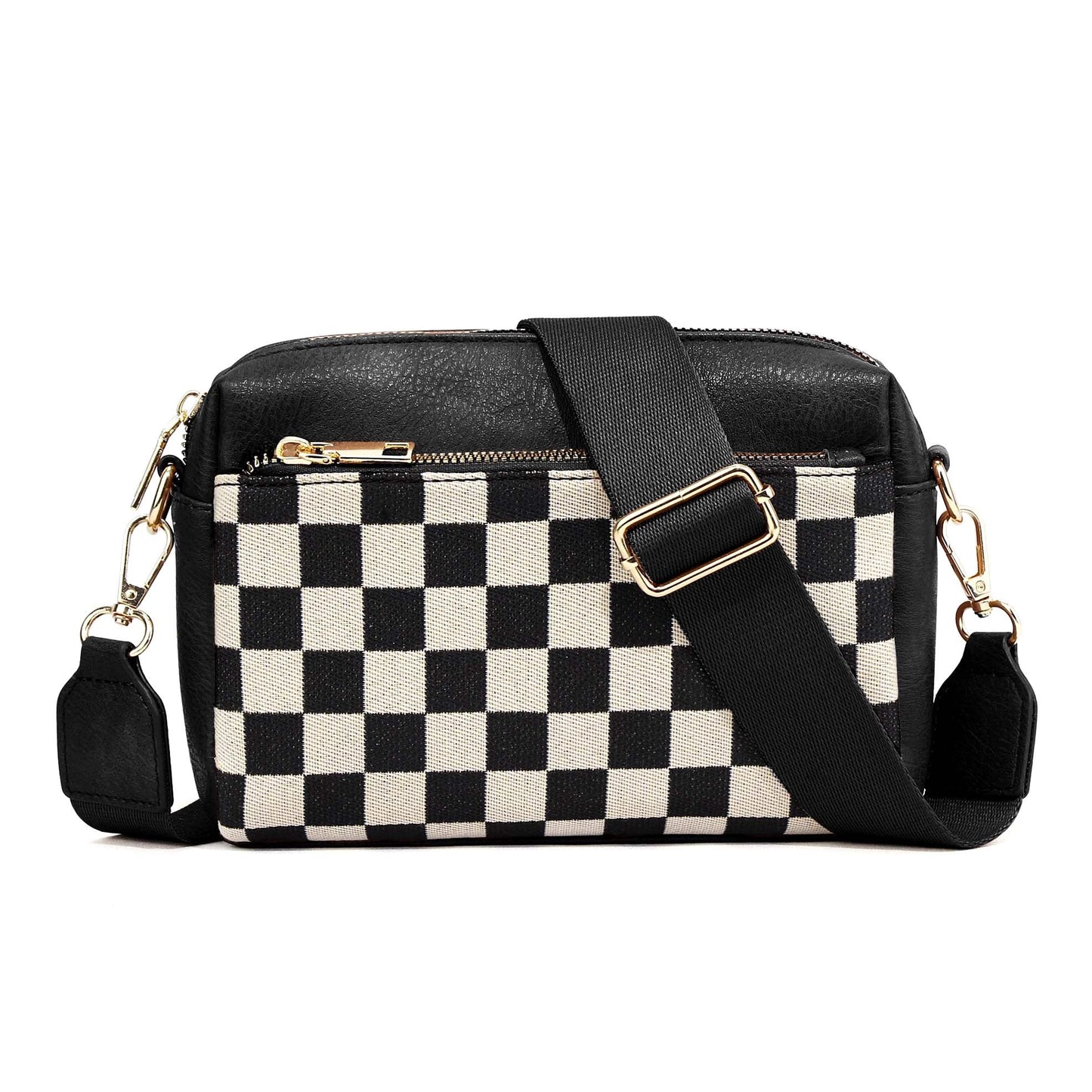 Mixed Media Polyester Canvas Check Camera Crossbody Bag — Modern Everyday Carry Style - Black Check