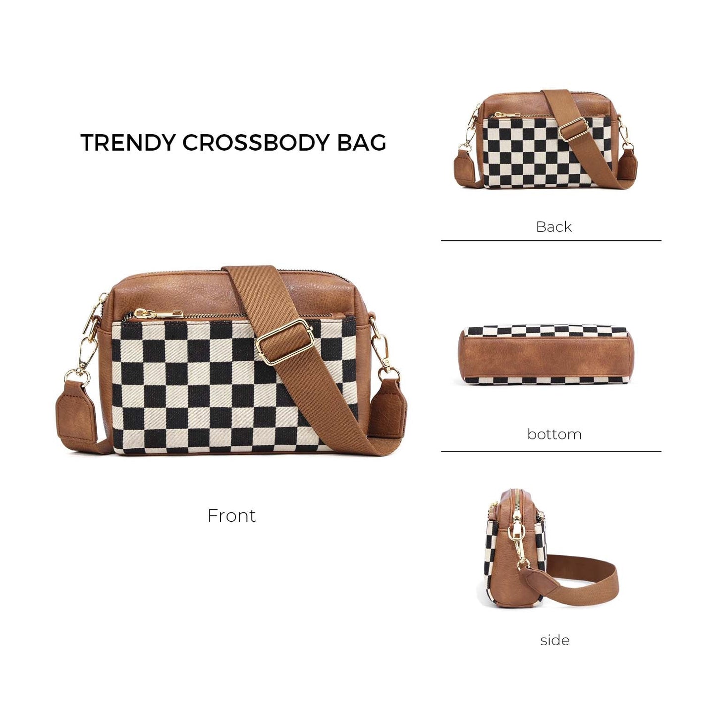 Mixed Media Polyester Canvas Check Camera Crossbody Bag — Modern Everyday Carry Style -