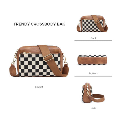 Mixed Media Polyester Canvas Check Camera Crossbody Bag — Modern Everyday Carry Style -