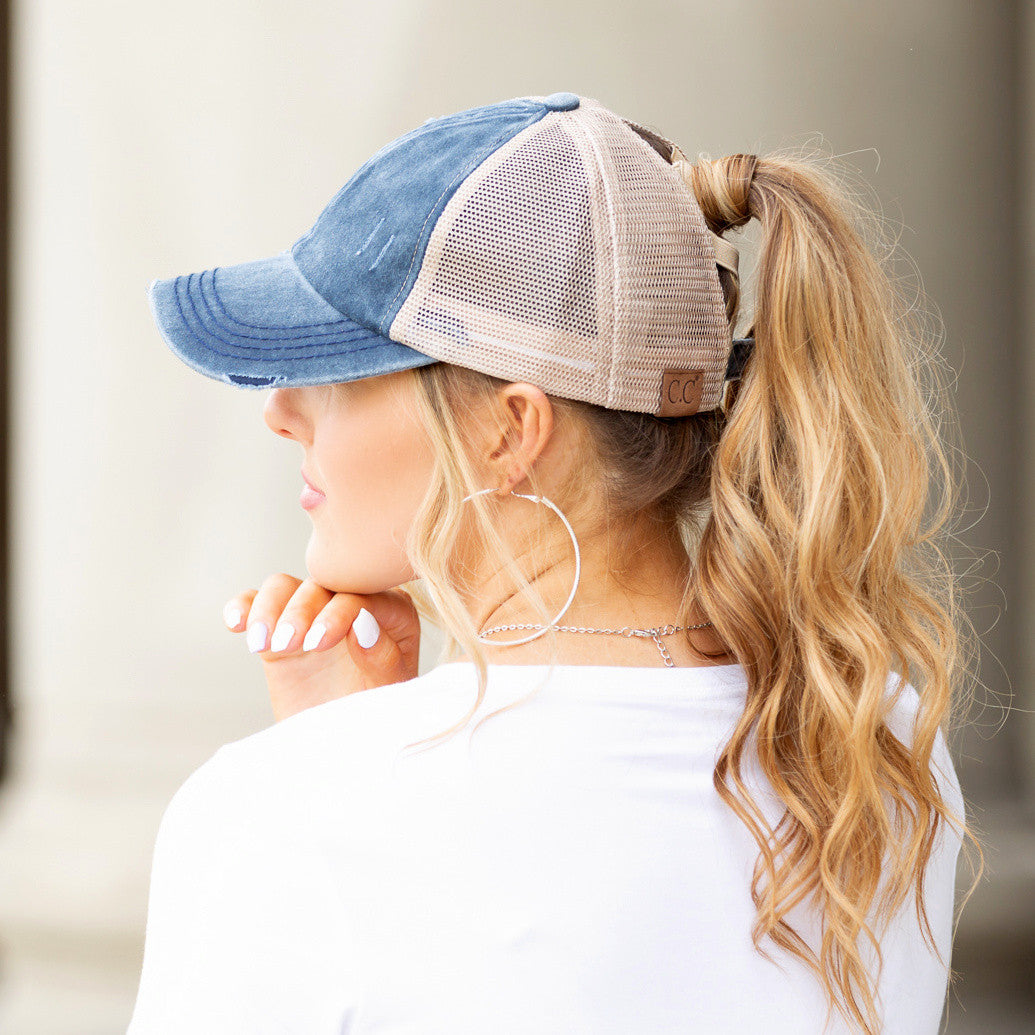 Criss-Cross Ponytail Trucker Hat — Stretch Back Opening Breathable Mesh - Baseball Caps