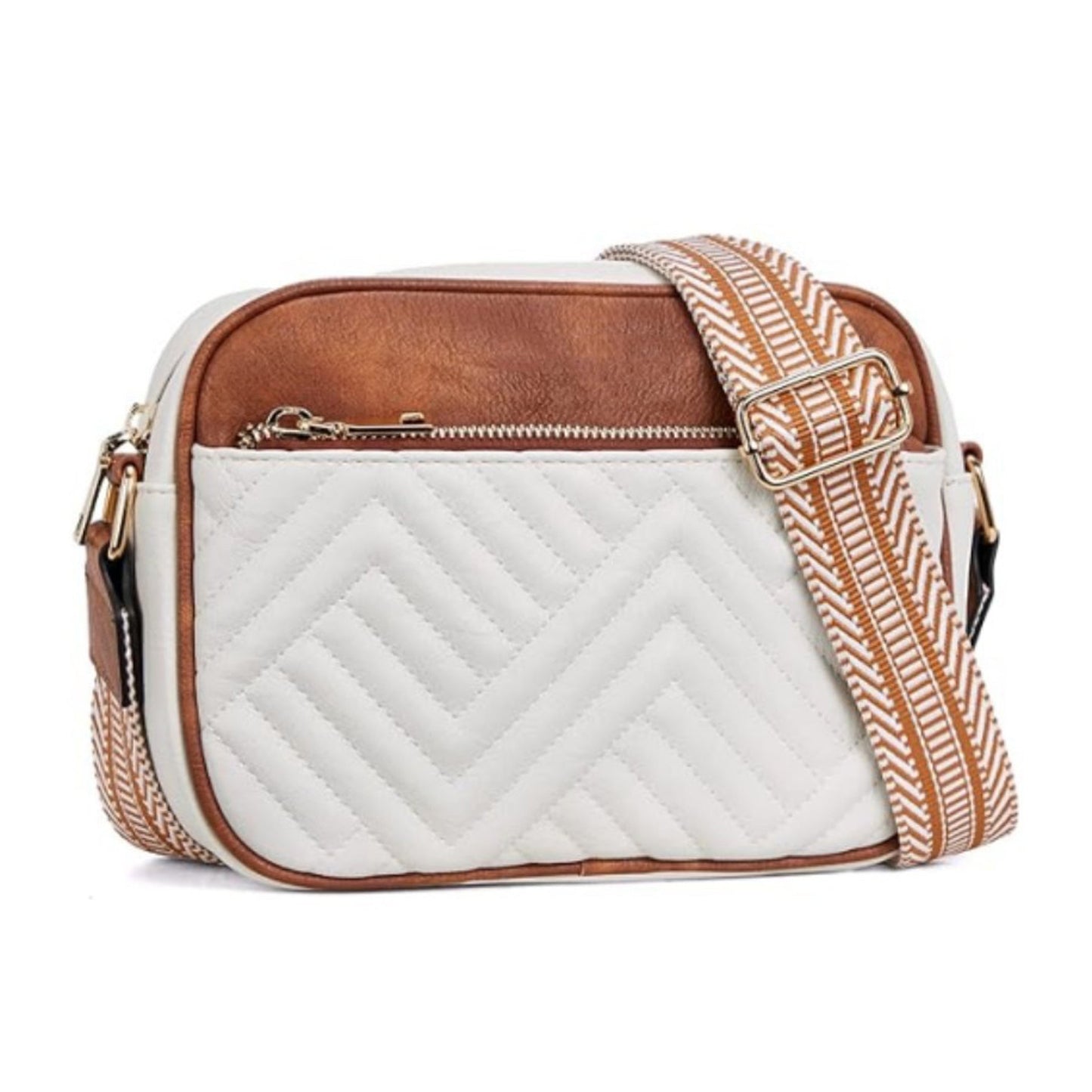 Soft Pu Leather Zip Pocket Camera Crossbody Bag — Organized Everyday Casual Style - White Cognac