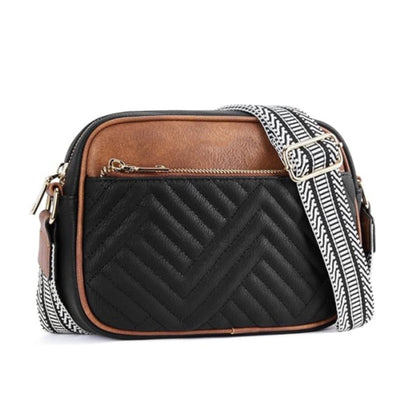 Soft Pu Leather Zip Pocket Camera Crossbody Bag — Organized Everyday Casual Style - Black Cognac