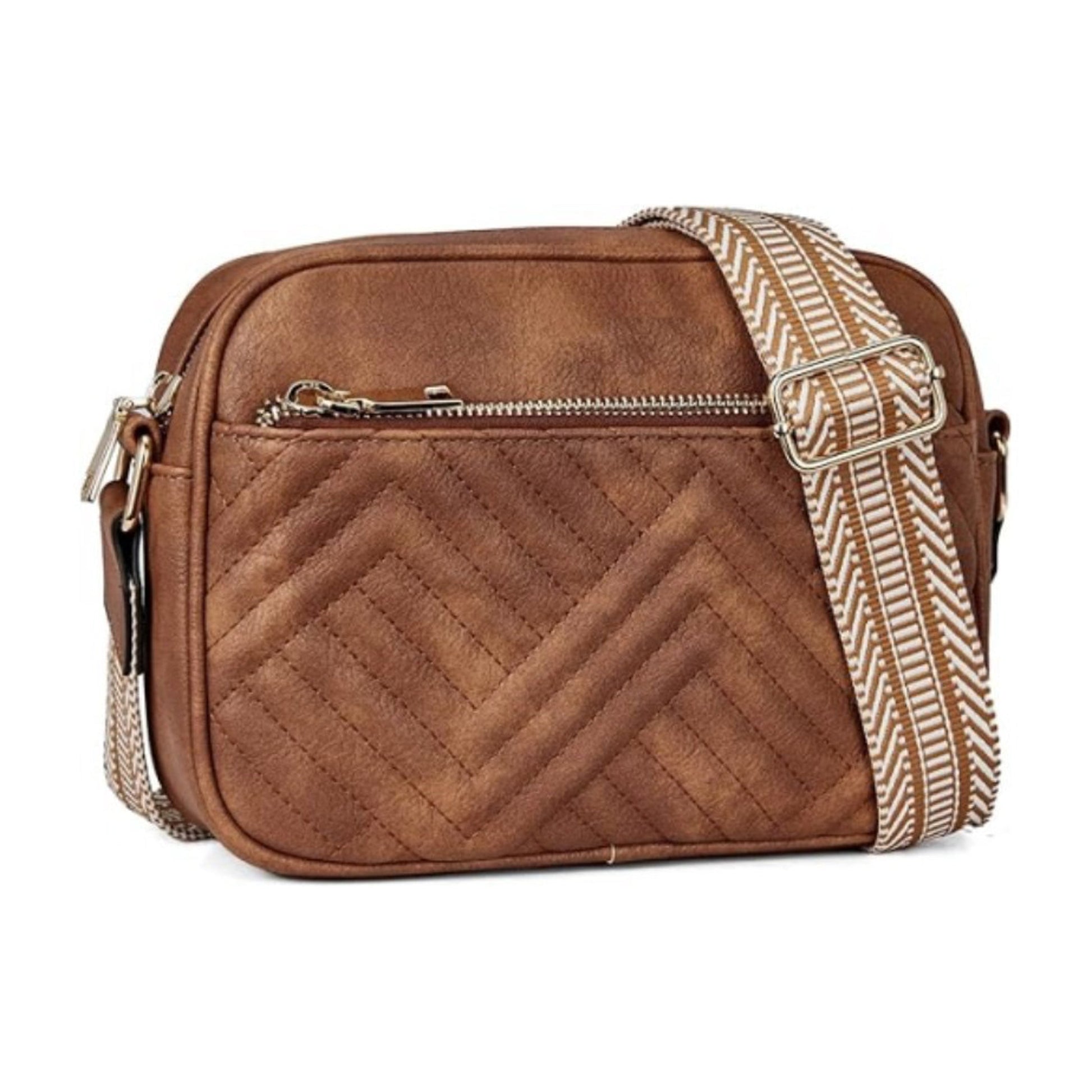 Soft Pu Leather Zip Pocket Camera Crossbody Bag — Organized Everyday Casual Style - Cognac
