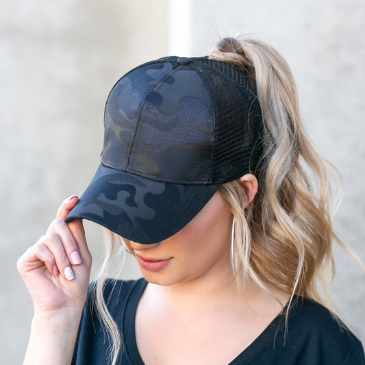 Camo Messy Bun Baseball Cap — High Ponytail Opening Snapback Mesh Back - Black Baseball Caps