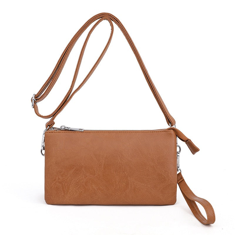 Convertible Compact Vegan Leather Multi-Compartment Crossbody Bag — Everyday Versatile Style - Cognac