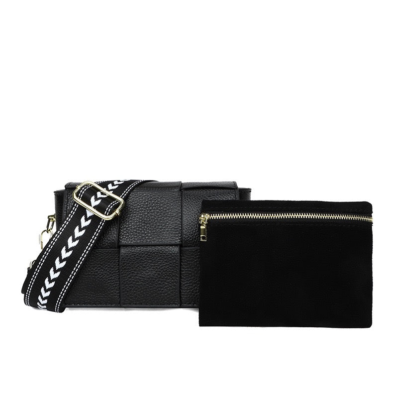 Cross Weave Genuine Leather Foldover Flap Crossbody Bag — Magnetic Clasp Adjustable Strap Style - Crossbody Bags